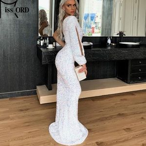 White One Shoulder / Split Sleeve Evening Mermaid Dress Sequins - XL/12
